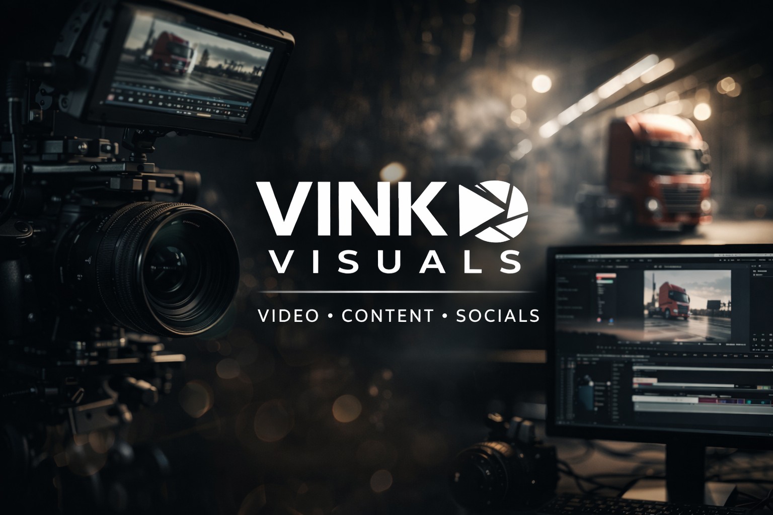 Vink Visuals banner met camera, editing setup en transportbeeld